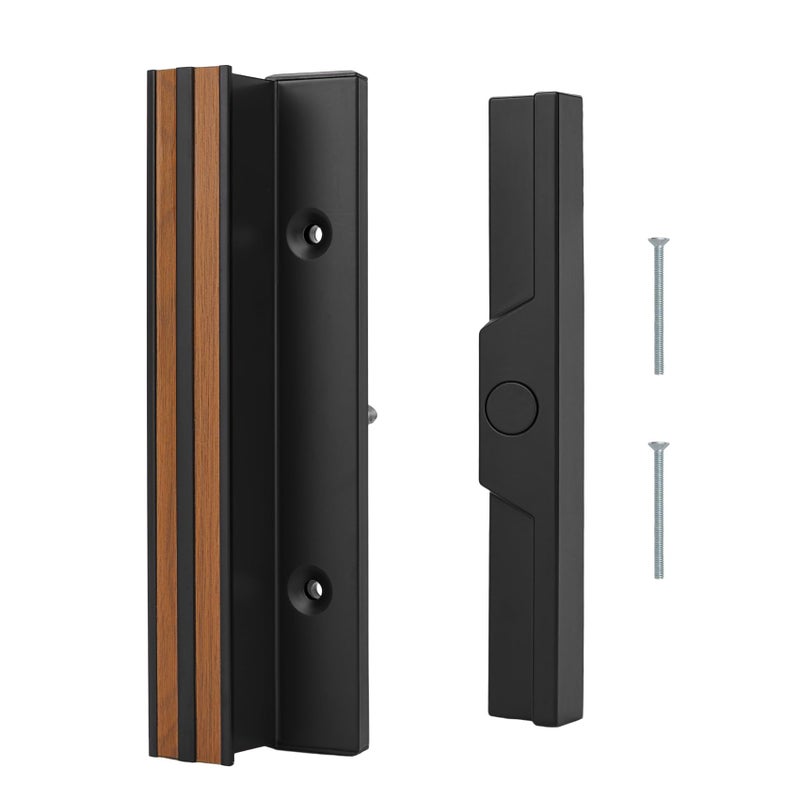 Baomain Surface Mount Sliding Patio Door Handle Set, 3-15/16" Hole Spacing C-to-C, Clamp Style Aluminum Replacement for Sliding Glass Doors, Black with Woodgrain Finish - Image 1